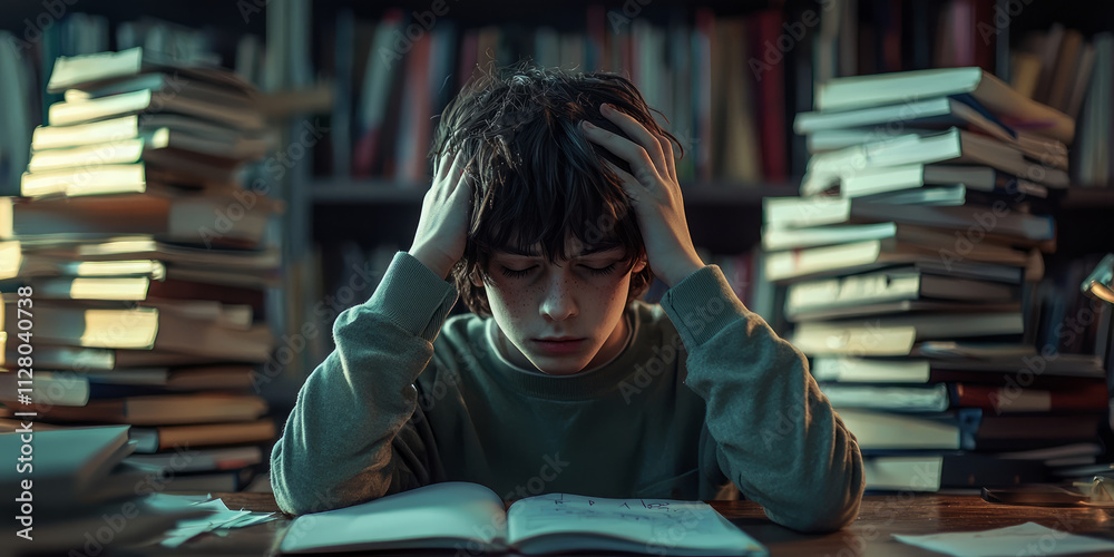 A young boy with dark hair, wearing long sleeves and holding his head in front of a desk, generative AI A young boy with dark hair, wearing long sleeves and holding his head in front of a desk, generative AI