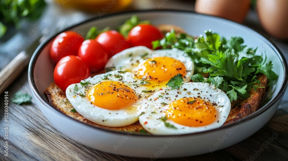 Healthy Breakfast Plate With Eggs, Toast And, Vegetables, Rich In Antioxidants And Healthy Fats Healthy Breakfast Plate With Eggs, Toast And, Vegetables, Rich In Antioxidants And Healthy Fats