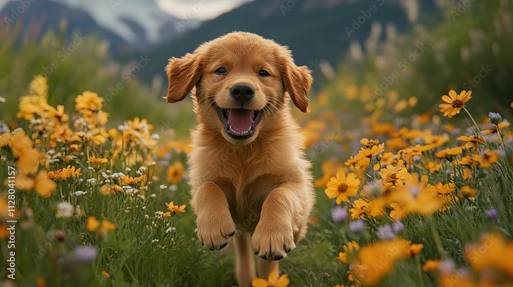 A golden retriever puppy playing in a meadow filled with wildflowers, exuding joy, playfulness, and the heartwarming bond between pets and humans. A golden retriever puppy playing in a meadow filled with wildflowers, exuding joy, playfulness, and the heartwarming bond between pets and humans.