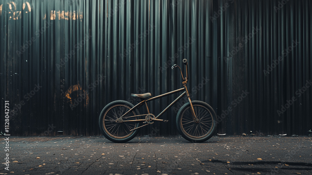 A stylish BMX bike against a dark metallic wall. Autumn leaves scattered on the ground add an urban vibe to the scene A stylish BMX bike against a dark metallic wall. Autumn leaves scattered on the ground add an urban vibe to the scene