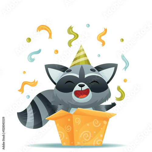 A playful raccoon at a party hat happily celebrates inside a gift box filled with colorful confetti