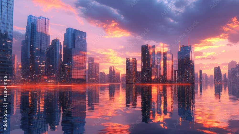 Obraz premium Modern cityscape at dawn, glass buildings reflecting early light, tranquil atmosphere, 