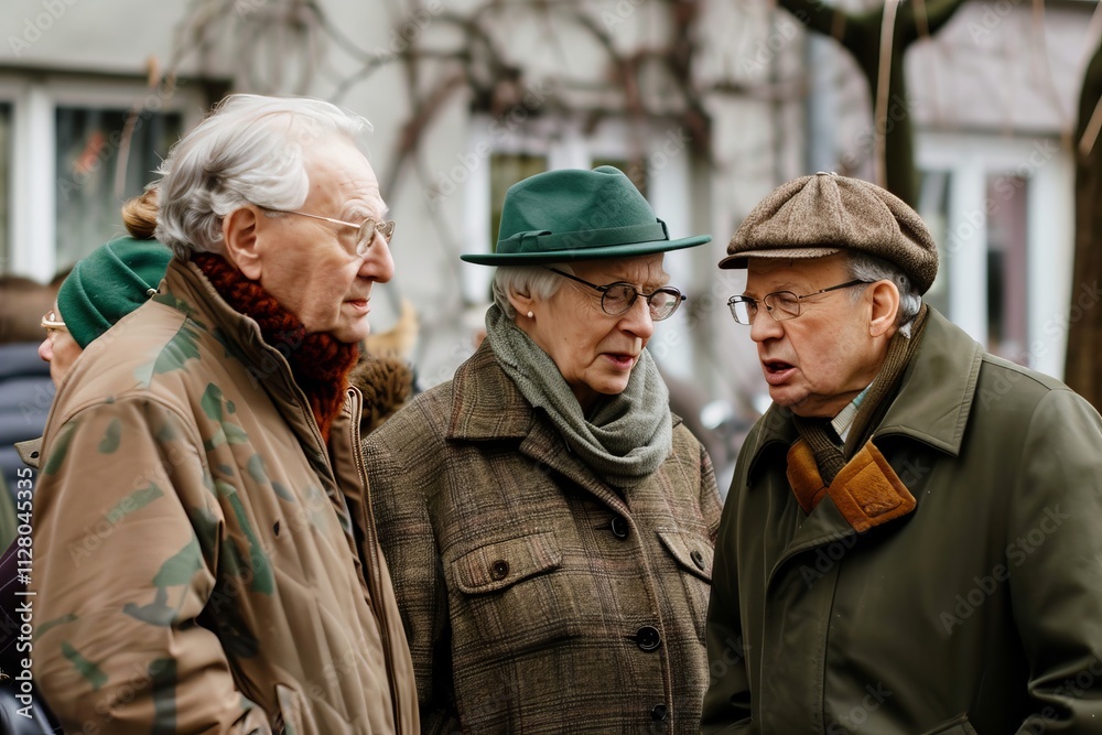 Elderly people in hats and coats walking on the street. Elderly people in hats and coats walking on the street.