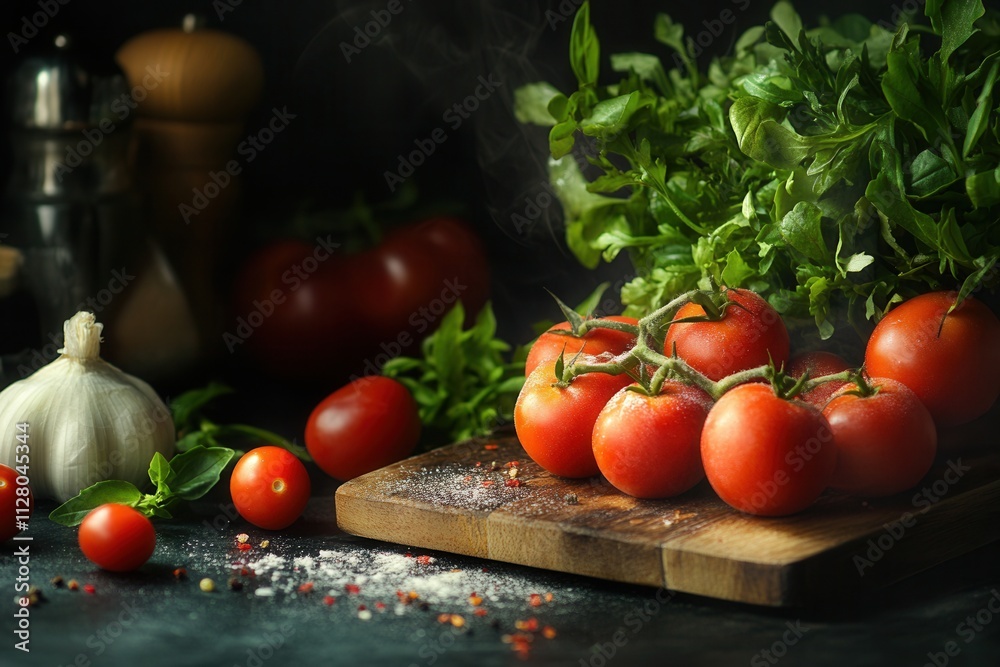 Ripe red tomatoes, garlic, herbs on wooden board. Ripe red tomatoes, garlic, herbs on wooden board.