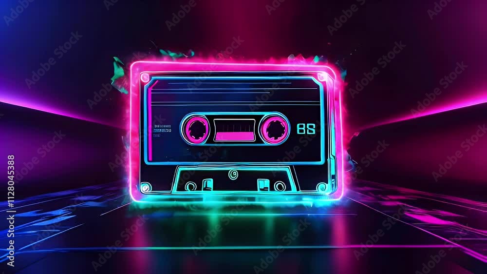 A vibrant neon cassette tape with glowing edges, evoking retro music nostalgia.
