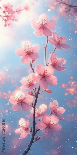 Cherry Blossom Flowers Against Blue Sky in Spring