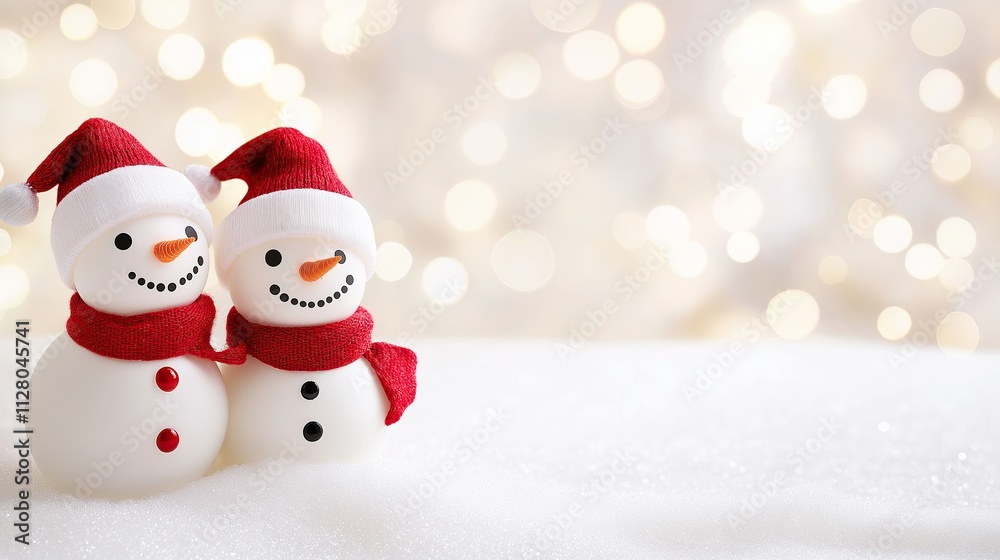 Two cute, smiling snowmen with red scarves and hats on a white background with bokeh lights, a Christmas card concept, or a banner for a New Year or other celebration event Two cute, smiling snowmen with red scarves and hats on a white background with bokeh lights, a Christmas card concept, or a banner for a New Year or other celebration event