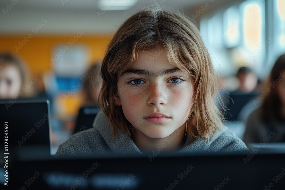 Student sits in computer room researching online in a modern classroom with natural light Student sits in computer room researching online in a modern classroom with natural light