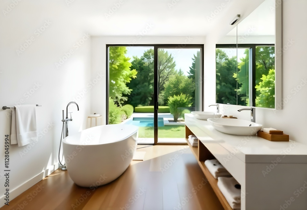 A modern bathroom with a freestanding bathtub , double vanity sinks , and large windows overlooking a lush outdoor garden.