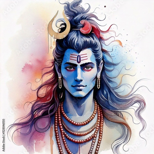 Watercolour style portrait of Lord Shiva
