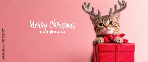 Photo of a cute cat wearing deer antlers and a red gift box, set against a solid-colored banner with the text 