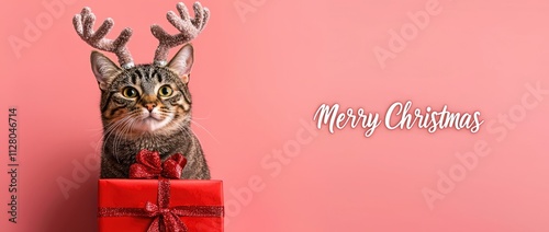 Photo of a cute cat wearing deer antlers and a red gift box, set against a solid-colored banner with the text 