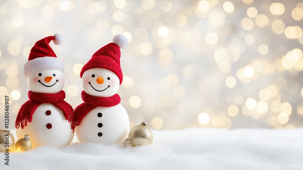 Two cute, smiling snowmen with red scarves and hats on a white background, with Christmas decorations, golden balls, and bokeh lights of warm light in the background Two cute, smiling snowmen with red scarves and hats on a white background, with Christmas decorations, golden balls, and bokeh lights of warm light in the background