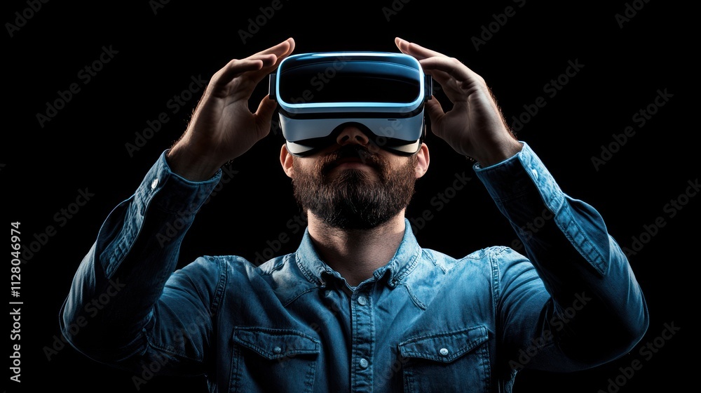 Man Experiencing Virtual Reality Headset, Immersive Technology, Future of Entertainment Man Experiencing Virtual Reality Headset, Immersive Technology, Future of Entertainment