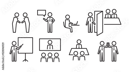 Pictogram of a human figure, set of meetings of a businessman wearing a tie, line width variable