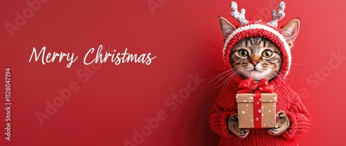 Photo of a cute cat wearing deer antlers and a red gift box, set against a solid-colored banner with the text 