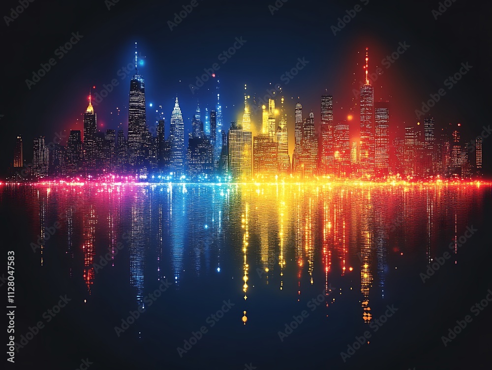 Vibrant Cityscape Skyline Reflecting in Water at Night Vibrant Cityscape Skyline Reflecting in Water at Night