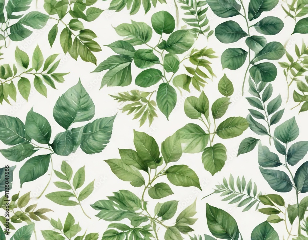 Watercolor botanical illustration of green leaves, natural, lush greenery, plant