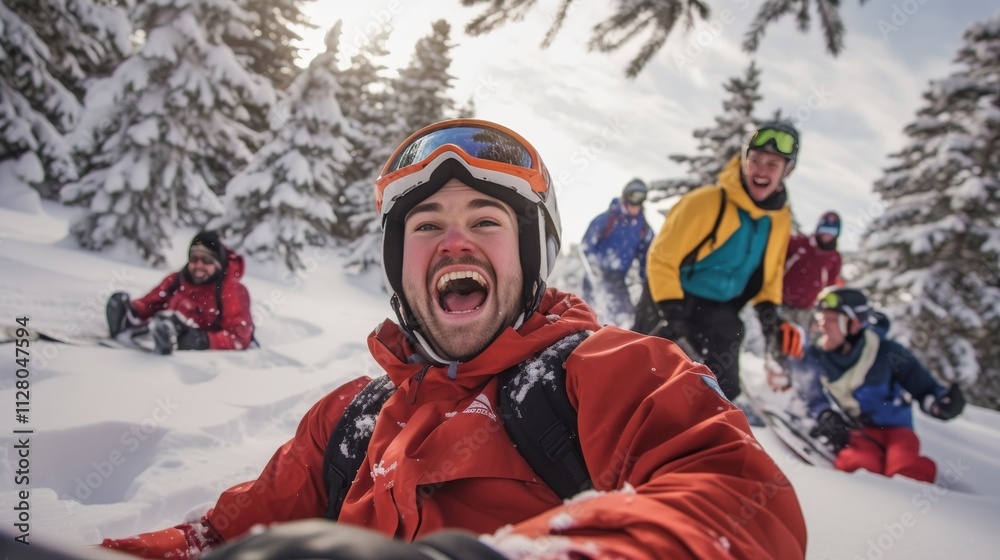 Snowy Mountain Fun. Group Of Friends Enjoying Winter Sports, Smiling And Having Fun In The Snow Snowy Mountain Fun. Group Of Friends Enjoying Winter Sports, Smiling And Having Fun In The Snow