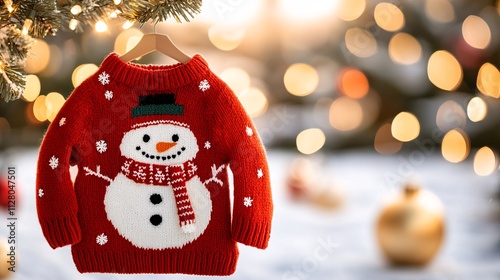 Ugly sweater festive celebrate concept. Festive red sweater with a snowman design, hanging against a blurred Christmas background.