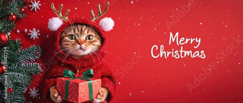 Photo of a cute cat wearing deer antlers and a red gift box, set against a solid-colored banner with the text 