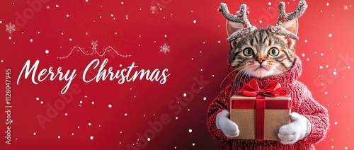 Photo of a cute cat wearing deer antlers and a red gift box, set against a solid-colored banner with the text 