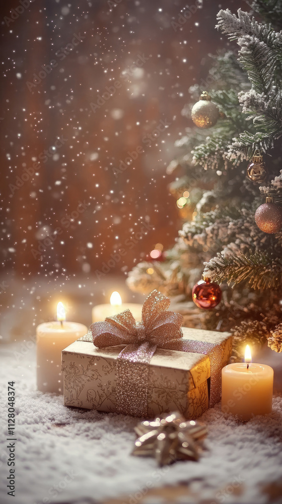gift box, ribbon, christmas tree, glitter, candle, snowflake, fairy tale, fantastic