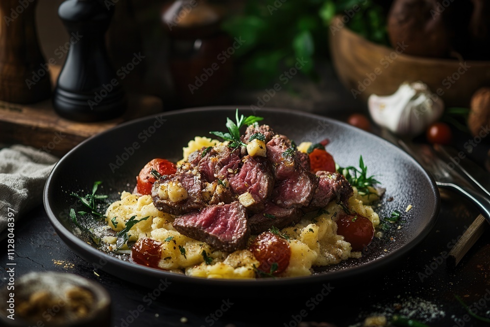 Sliced grilled steak with creamy mashed potatoes and roasted cherry tomatoes. Sliced grilled steak with creamy mashed potatoes and roasted cherry tomatoes.