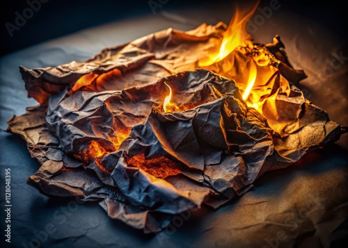Burnt Paper Texture, Charred Edges, Crumpled Antique Paper, Grunge Background, Night Photography Stock Image