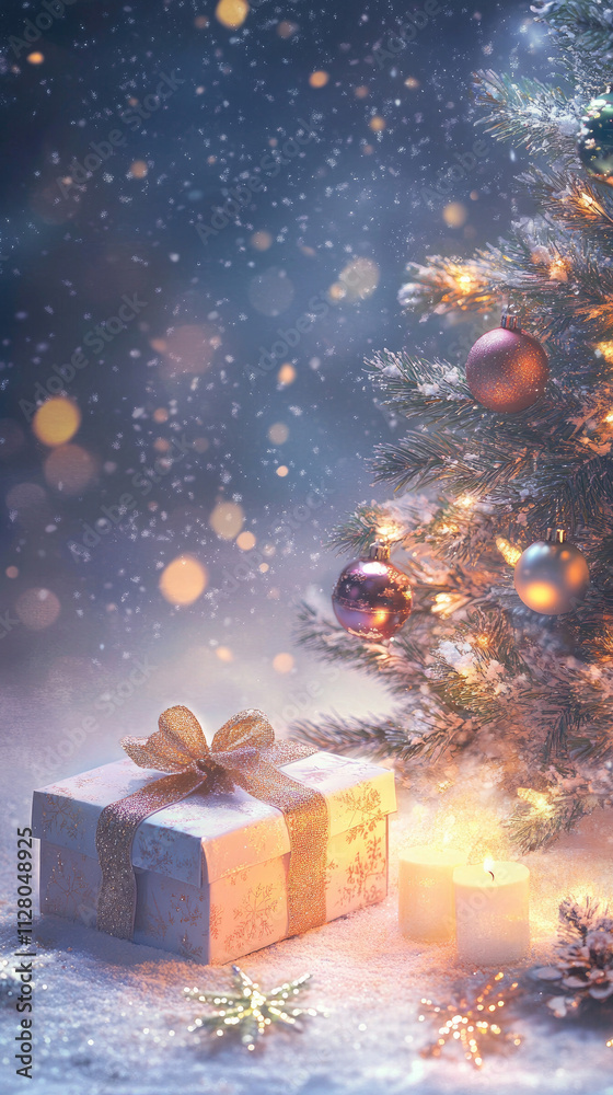 gift box, ribbon, christmas tree, glitter, candle, snowflake, fairy tale, fantastic gift box, ribbon, christmas tree, glitter, candle, snowflake, fairy tale, fantastic