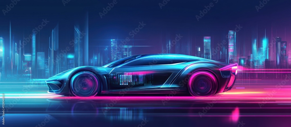 Futuristic sports car speeding through a neon-lit city at night. Futuristic sports car speeding through a neon-lit city at night.