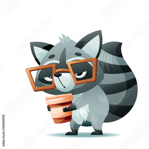 An adorable raccoon happily enjoys sipping coffee, making it an ideal character for charming childrens illustrations