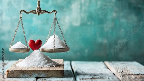 A digital depicting an imbalanced scale with one side weighted down by a mountain of salt and the other side holding a heart symbol photo