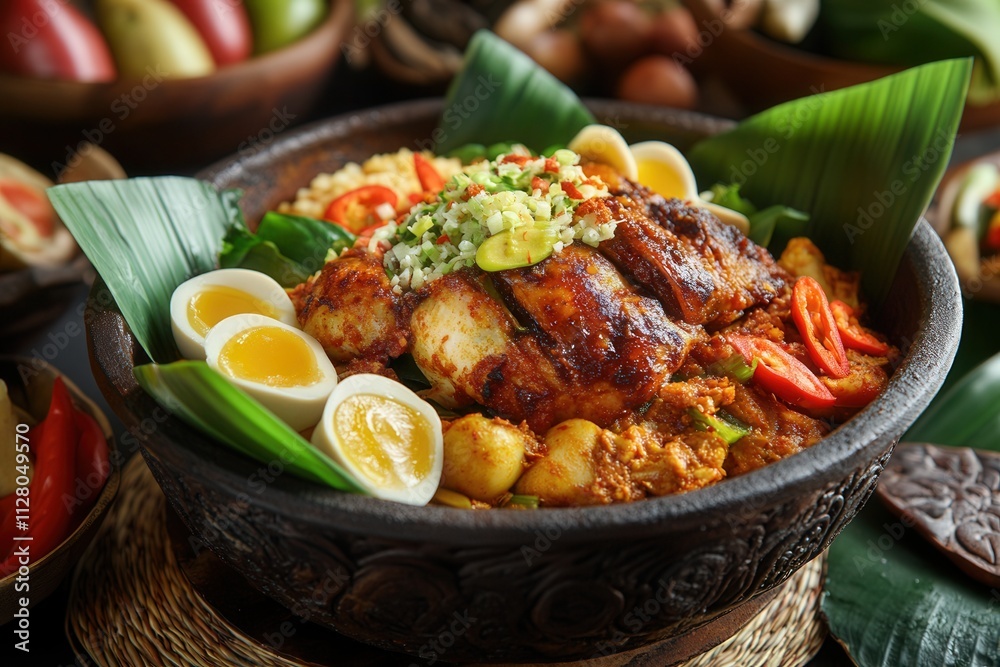 Spicy grilled fish with rice, eggs, and chili in a rustic bowl. Spicy grilled fish with rice, eggs, and chili in a rustic bowl.