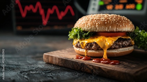 Decadent greasy burger with dripping melted cheese placed on a rustic wooden surface with a heart monitor shown in the background symbolizing the unhealthy yet tempting nature of high fat foods photo