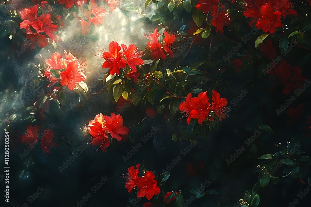 A vibrant display of red flowers surrounded by lush green leaves, illuminated softly. A vibrant display of red flowers surrounded by lush green leaves, illuminated softly.