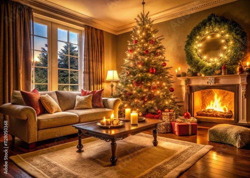 Cozy Christmas Living Room: Family Gathering, Festive Decor, Warm Lighting, Large Sofa, Holiday Cheer