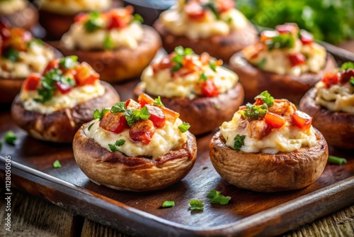 Creamy Bacon Stuffed Mushrooms: Close-Up Tilt-Shift Baking Tray Photo Recipe