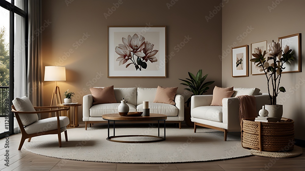 Creative composition of living room interior with mock up poster frame, boucle sofa, wooden coffee table, round carpet, white armchair, magnolia and personal accessories. Home decor. Template. Creative composition of living room interior with mock up poster frame, boucle sofa, wooden coffee table, round carpet, white armchair, magnolia and personal accessories. Home decor. Template.