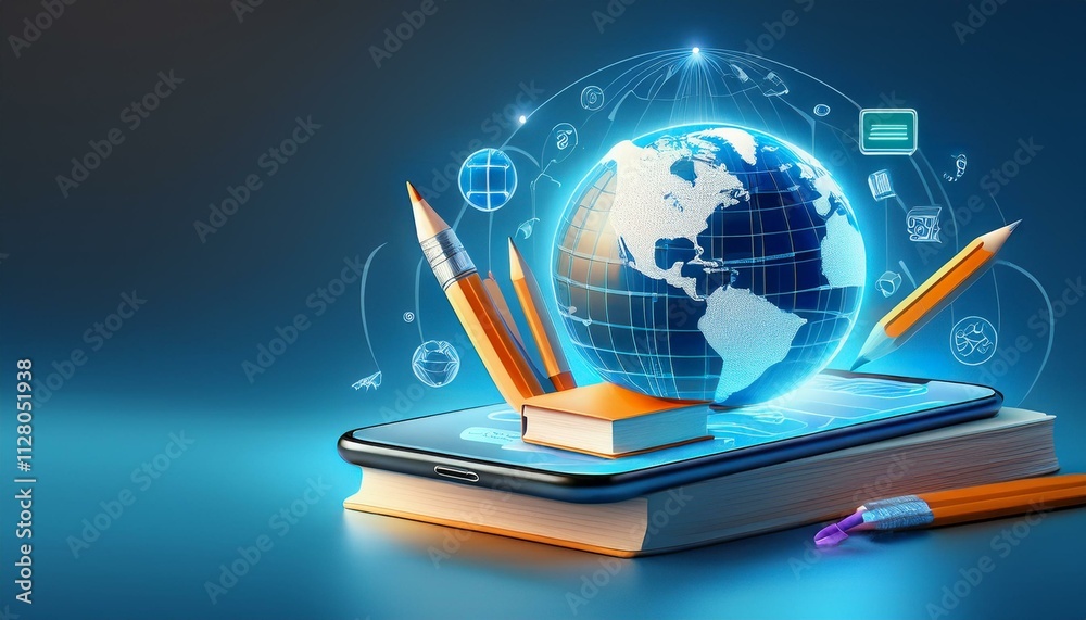 Digital Online Education Application learning world wide. 3D vector Illustration