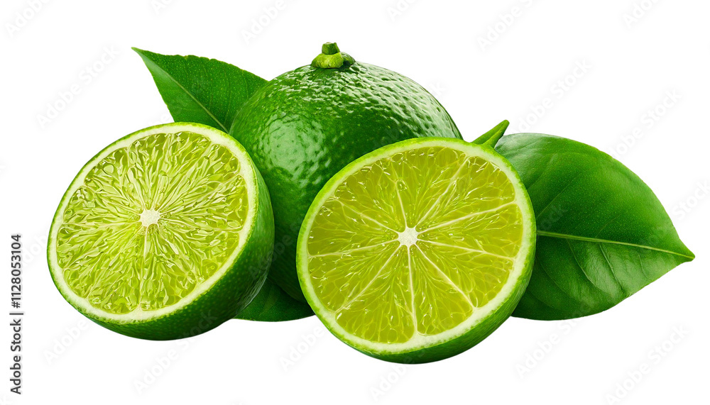 Green Lime with Leaves Isolated on White Background