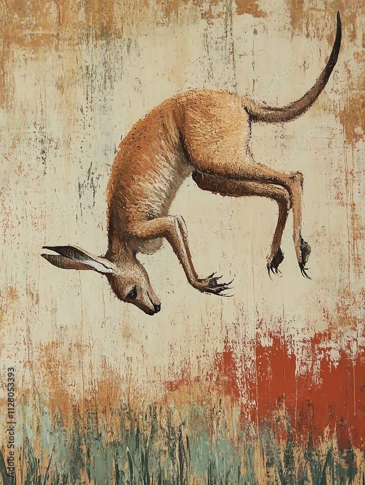 Fototapeta premium A vibrant artwork showcasing a kangaroo in mid-leap against a textured background of earthy tones.