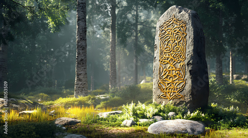 Intricate viking rune stone monolith with scandinavian motifs and mythical carvings in forested glen setting. Runestone. Illustration photo