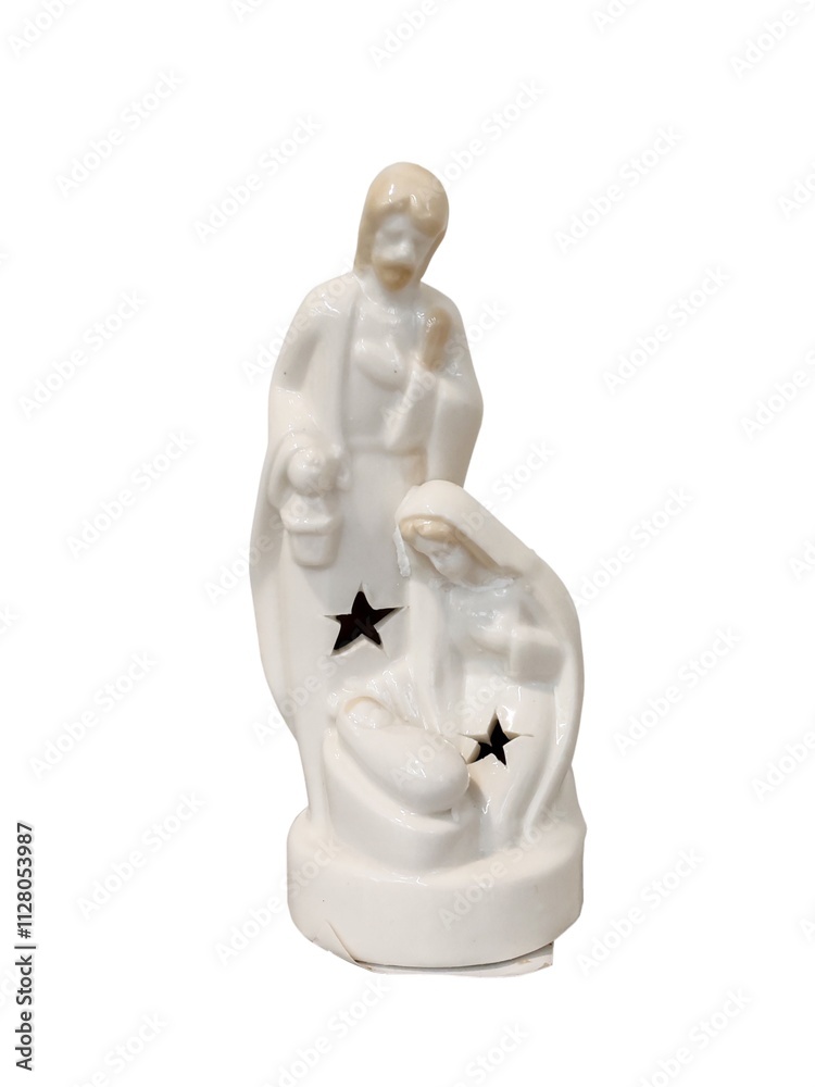 A white statue of a man, woman and child A white statue of a man, woman and child