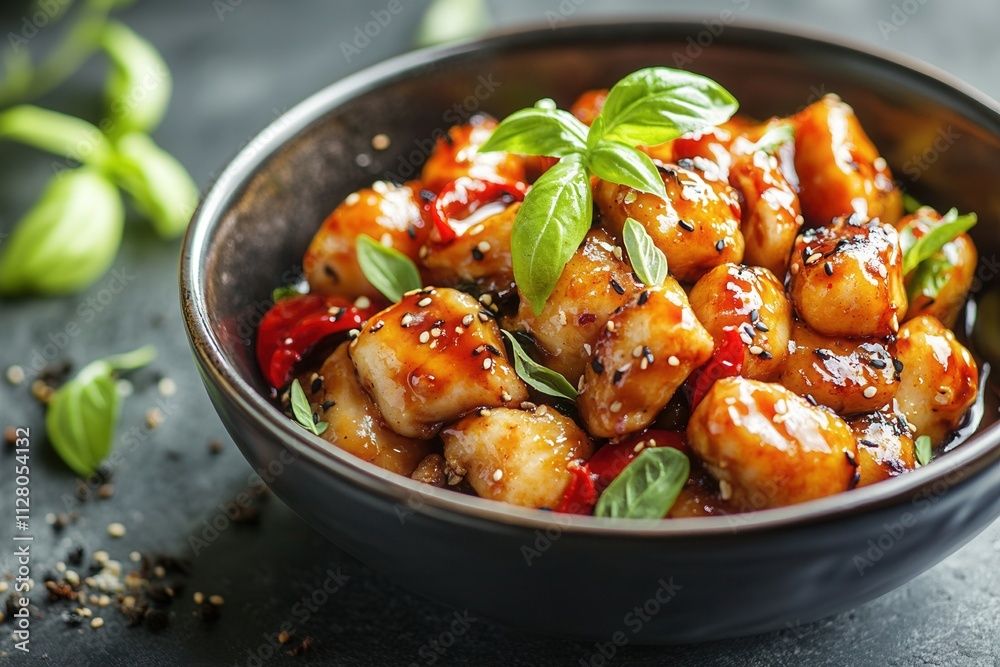 Sweet and savory gnocchi with peppers and basil in a dark bowl. Sweet and savory gnocchi with peppers and basil in a dark bowl.