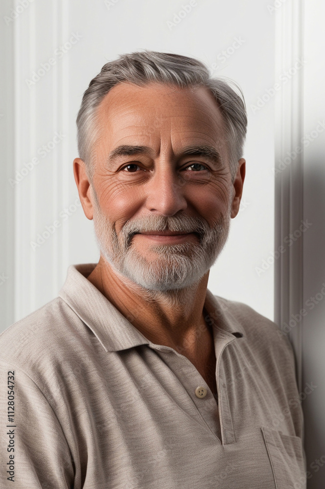 Obraz premium Serious older man in casual with beard head shot portrait. Grey haired retiree, pensioner posing, standing isolated against white wall background