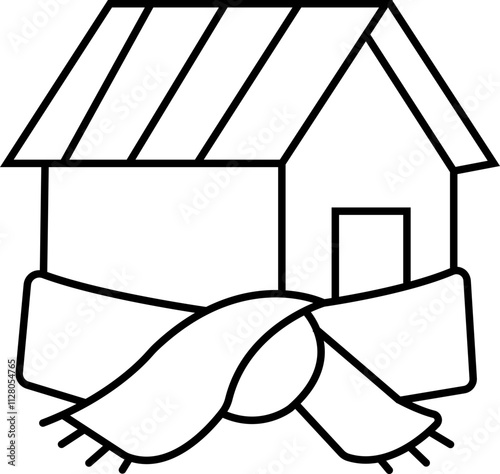 Insulating a house, linear icon. The house in scarf. Interpretation of home insulation. warm thermal living space symbols, warmth radiation elements emblems infographic, on transparent background.