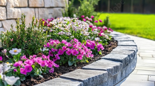 Colorful beautiful spring flowers blooming on a flowerbed in the garden.