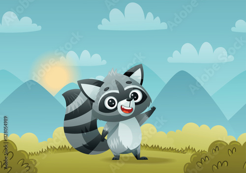 A cheerful and lively cartoon raccoon character poses happily in a vibrant and colorful outdoor setting