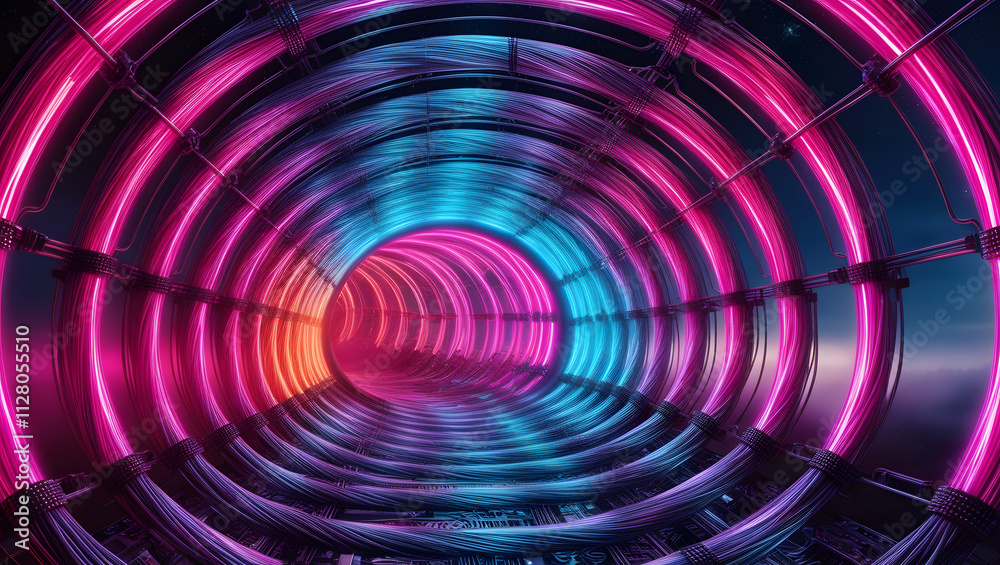 Neon Tunnel: A mesmerizing abstract image of a futuristic neon tunnel, with vibrant pink, blue, and orange lights creating a captivating optical illusion.